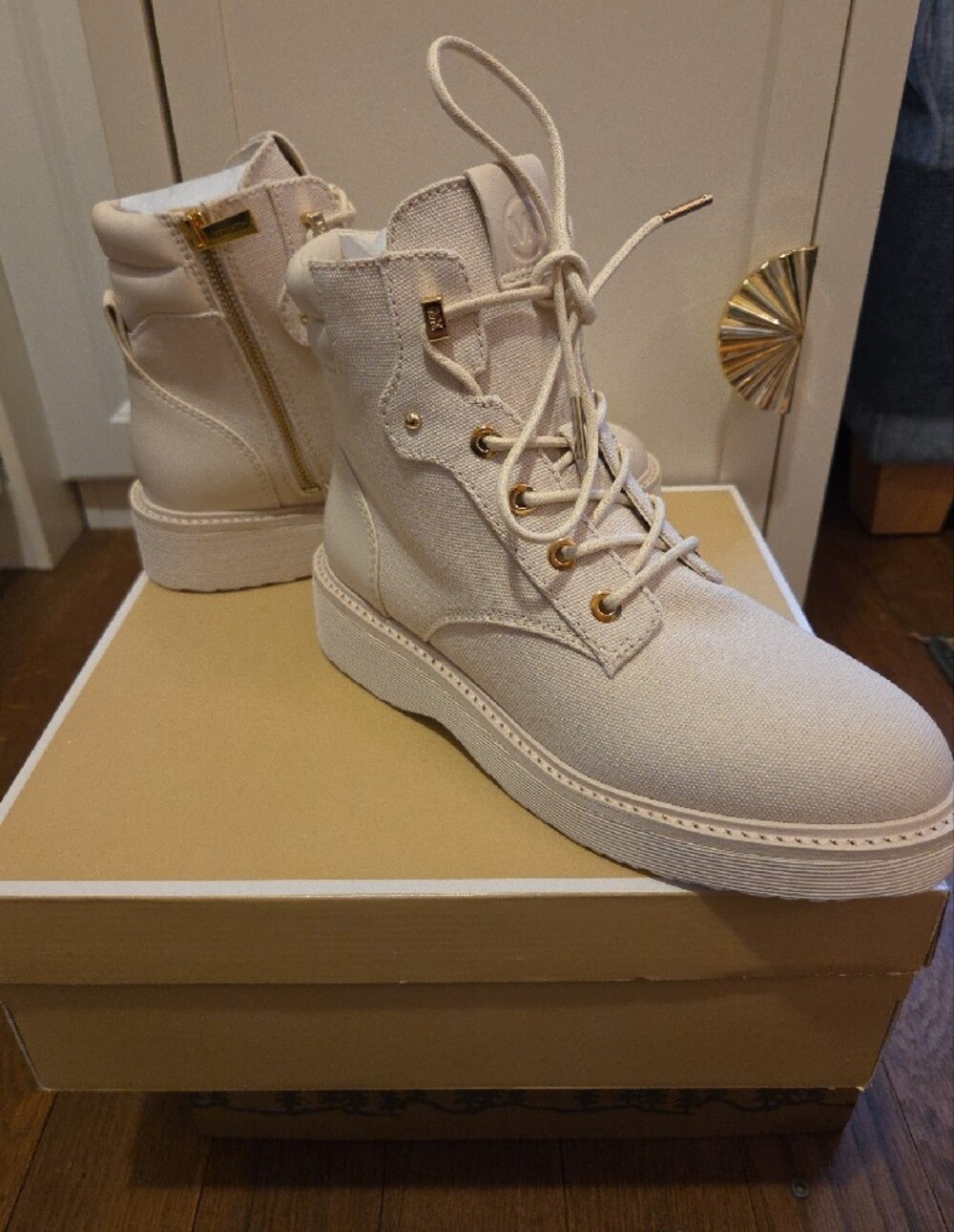 Michael Kors Cream Platform Lace-Up Ankle Boots with Gold Zipper